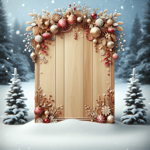 a vertical christmas wooden board with snow, and decorations on its sides Background image. High contrast. No shadows.