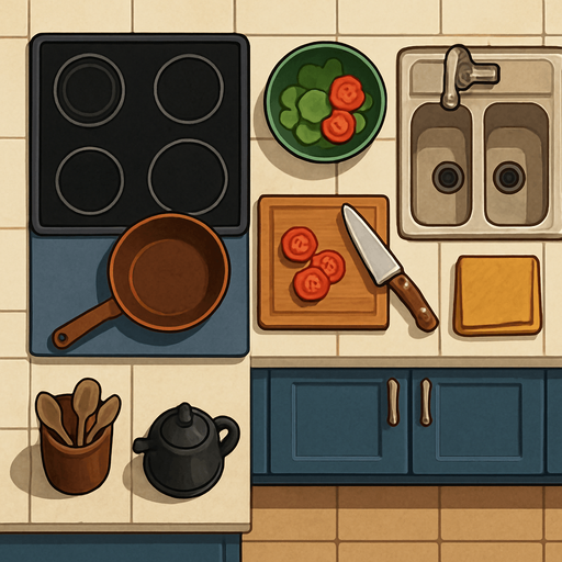 Mutfak - üstten görünüm - gerçekçi - yazısız.
In-Game asset.  2d.  High contrast.  No shadows