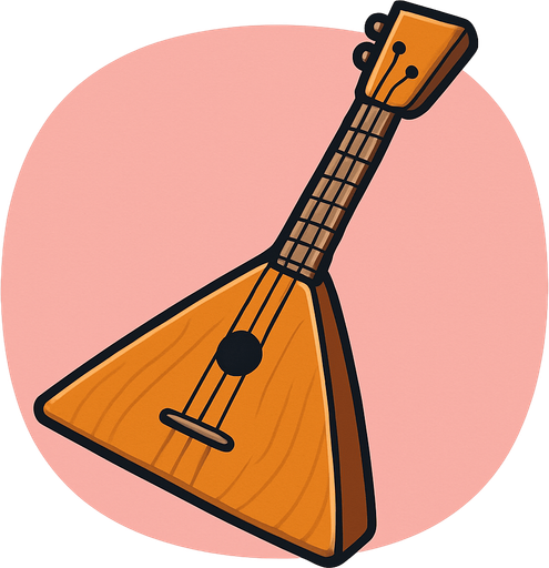 A detailed yet simple 2D illustration of a traditional Russian balalaika. The instrument should have a triangular wooden body, three strings, and a long, narrow neck. Style it in cartoon or flat vector format with soft shadows and bold outlines. Use warm wood tones (orange/brown), and make sure the shape is iconic and easily recognizable. Designed for mobile game use. Export as a transparent PNG, suitable for placing in quizzes or instrument selection scenes.. rounded background with pink
In-Game asset.  2d.  High contrast.  No shadows