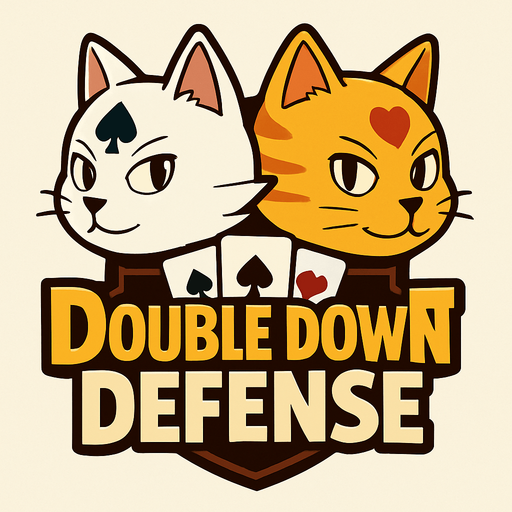 Incorporate these two cats heads into a game logo for a poker based tower defense that includes the name “Double Down Defense”. Put their heads offset on either side with eyes open and looking at the logo.