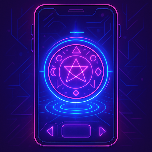 Neon cyberpunk mobile game trackpad too down flat 3d 2d hologram futuristic magic occult chic