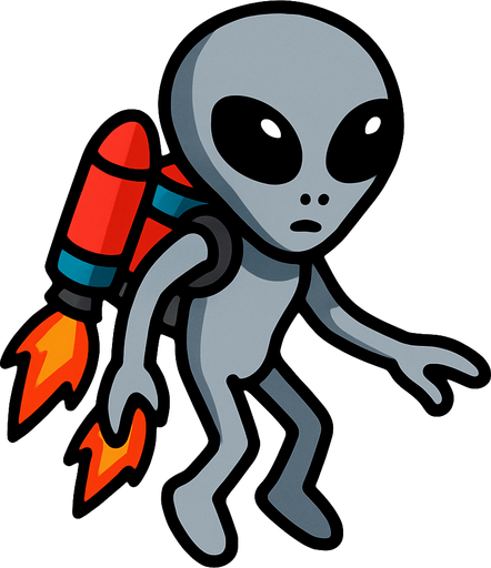 Grey alien with jetpack.
In-Game asset.  2d.  High contrast.  No shadows