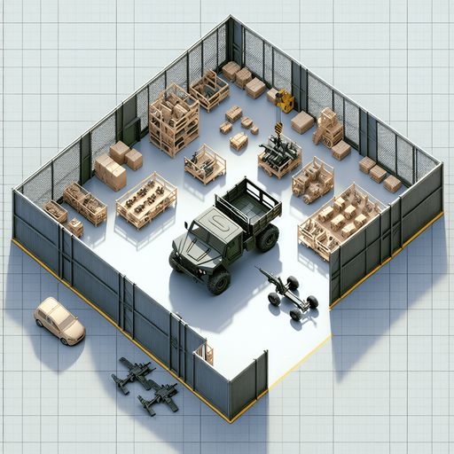 Simple light army vehicule factory buiding a quad with a crane. Square fence..
Zenith view Directly overhead. Plumb view.