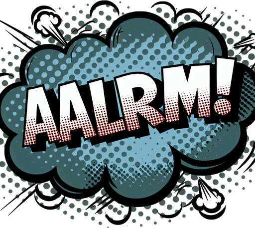 "ALARM" text bubble, comic style.
Single Game Texture. In-Game asset. 2d. Blank background. High contrast. No shadows.
