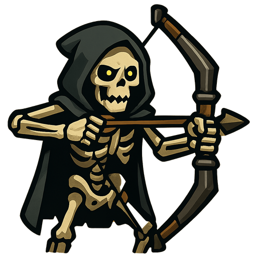 Skeleton with a reinforced bow and a hood.
In-Game asset.  2d.  High contrast.  No shadows