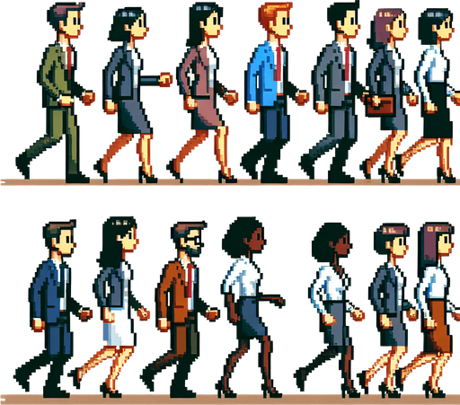 8-bit. cartoon. fancy office person. walking from the side. in game asset. Single Game Texture. In-Game asset. 2d. Blank background. High contrast. No shadows.