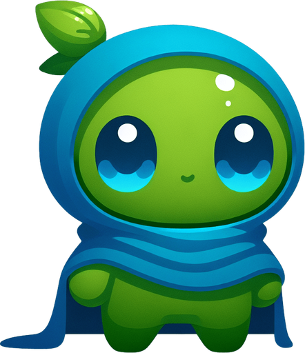 Uma bolinha verde dos olhos azuis fofo com uma capa azul fundo png 2d.
Single Game Texture. In-Game asset. 2d. Blank background. High contrast. No shadows.