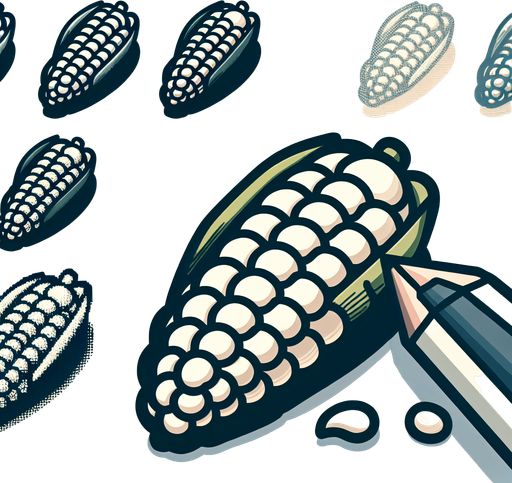 Computer game, White corn, flat shaded. Low detail, Single Game Texture. In-Game asset. 2d. Blank background. High contrast. No shadows. Thin black outline