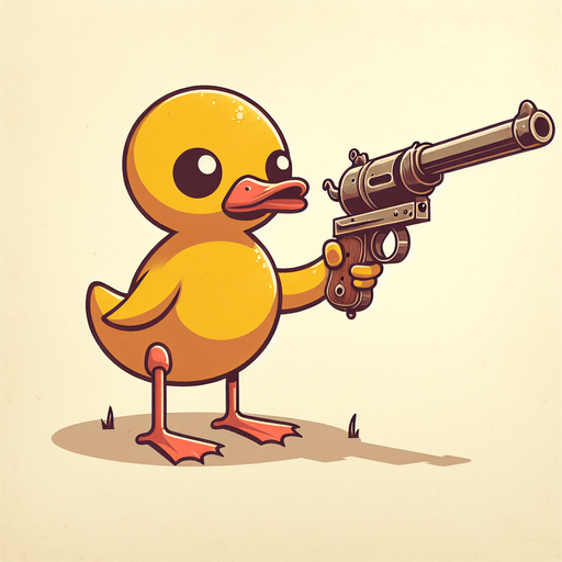 Title game:duck with a gun.
Single Game Texture. In-Game asset. 2d. Blank background. High contrast. No shadows.