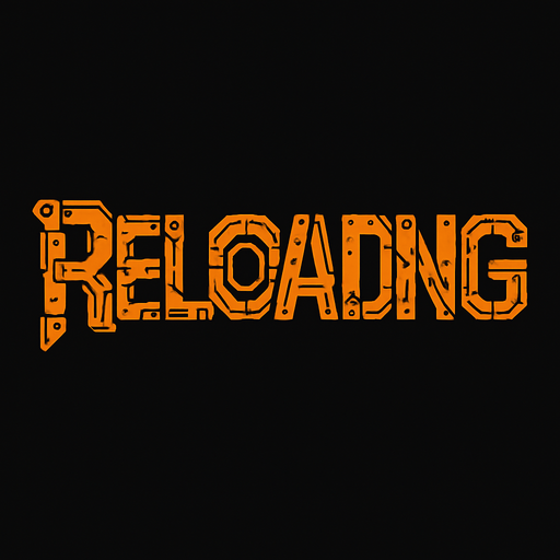 `Reloading` word but mecha style.
In-Game asset.  2d.  High contrast.  No shadows