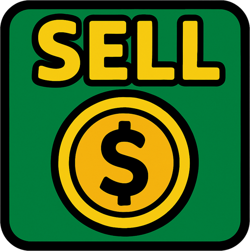 Sell icon with a money symbol.
In-Game asset.  2d.  High contrast.  No shadows