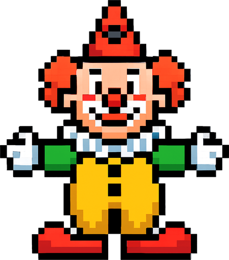 Create pixel art clown with no background.
In-Game asset.  2d.  High contrast.  No shadows