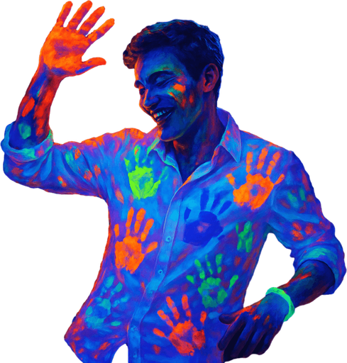 Dancing man in a white shirt filled with multi-colored UV ink palm prints. UV luminous bracelet on the arm