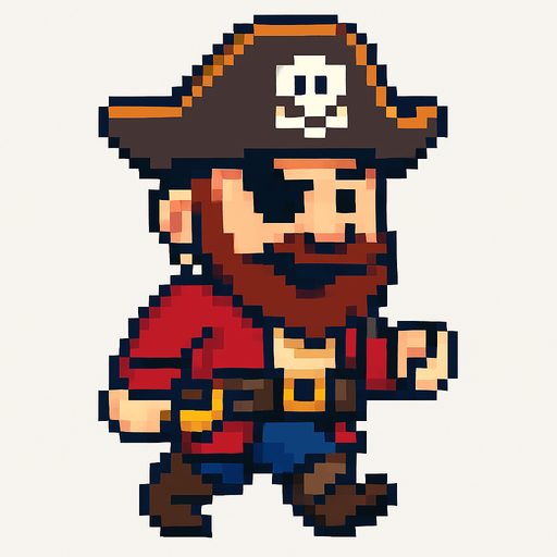 El pirata debe ser un personaje simpático y reconocible en estilo pixel art, con sombrero tricornio negro o marrón con una calavera blanca en el centro, un parche en uno de los ojos, barba o bigote corto, y una expresión decidida o divertida; su ropa debe incluir una chaqueta roja o azul, cinturón ancho, pantalones cortos y botas, todo con detalles simples pero claros; puede tener un accesorio como una espada al cinto o un loro en el hombro, y su animación debe mostrarlo caminando o balanceándose ligeramente como si estuviera en un barco; el fondo debe ser transparente y el diseño debe ser compacto, ideal para un juego colorido y caricaturesco..
In-Game asset.  2d.  High contrast.  No shadows