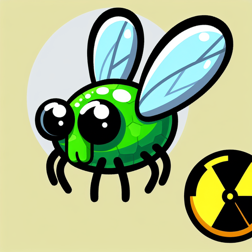 Cartoon. Green nuclear toxic fly
Single Game Texture. In-Game asset. 2d. Blank background. High contrast. No shadows.