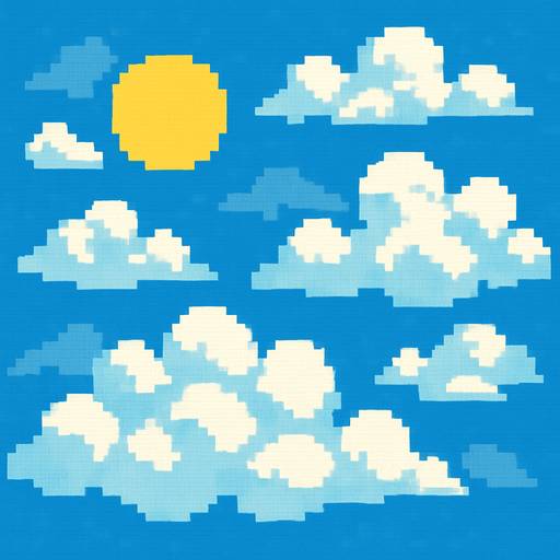 a cloudy and sunny pixel art sky.
In-Game asset.  2d.  High contrast.  No shadows