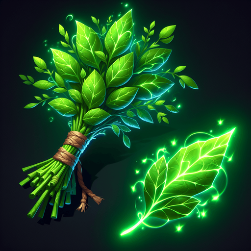 A bundle of glowing green herbs tied together, or a single stylized leaf with potent green light radiating from its veins..
Single Game Texture.  In-Game asset.  2d.  Blank background.  High contrast.  No shadows