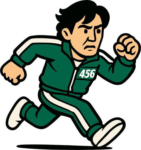 Crea al player del juego el calamar con el traja verde corriendo con el numero 456..
In-Game asset.  2d.  High contrast.  No shadows
