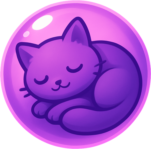 A purple bubble featuring a sleepy cat curled up inside, soft and dreamy, stylized for mobile game.
In-Game asset.  2d.  High contrast.  No shadows