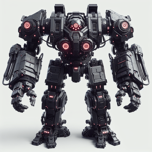Overhead view. A heavily armored attack robot. Two arms with large gauntlet type fists. Four large red glowing eyes. Three distinct parts, body and two arms. Symmetrical design. Birds Eye view above them looking down on their head. Simple shapes. Low detail. Cyberpunk, black with red glowing highlights..
Single Game Texture. In-Game asset. 2d. Blank background. High contrast. No shadows.