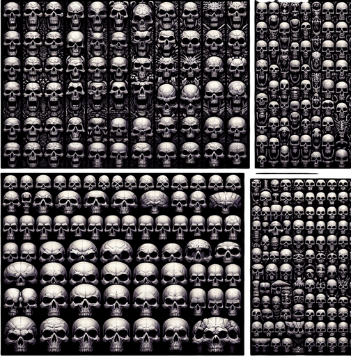 a collection of skulls arranged in horizontal rows.
Single Game Texture.  In-Game asset.  2d.  Blank background.  High contrast.  No shadows