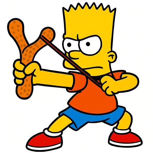 Bart holding a light brown slingshot shaped like a peanut. Make him be in a fighting stance 
In-Game asset.  2d.  High contrast.  No shadows