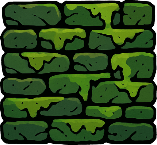 a wall built with flat, mossy stones.
In-Game asset.  2d.  High contrast.  No shadows