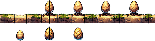 A spritesheet showing a pineapple plant in various stages of germantion, from seed over sapling, to bloom and to full grown plant, and then the ripe fruit. The sprites should be laid out in a rectangular grid with blank space between them.. Single Game Texture. In-Game asset. 2d. Blank background. High contrast. No shadows..
Single Game Texture. In-Game asset. 2d. Blank background. High contrast. No shadows.