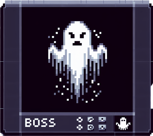 make a floating ghost 8bit boss for a game facing south.
Single Game Texture. In-Game asset. 2d. Blank background. High contrast. No shadows.