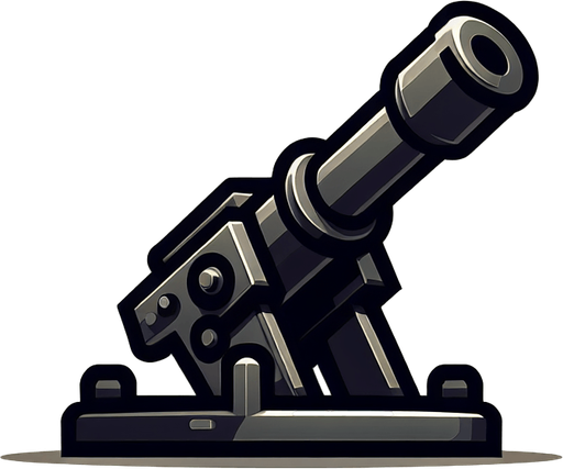 Артиллерийское оружие, смотрит вверх.
Single Game Texture. In-Game asset. 2d. Blank background. High contrast. No shadows.