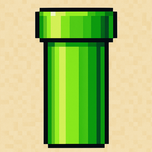 A pixel art green pipe bottom section from a side view, designed for a 2D side-scrolling game like Flappy Bird. The pipe is vertically stretched and has a bright green, smooth surface with subtle shading to show depth. The pipe should be closed at the bottom and open at the top, and it should look metallic and cartoonish, consistent with a retro game style..
In-Game asset.  2d.  High contrast.  No shadows. pixel art. side view. retro style. bright colors