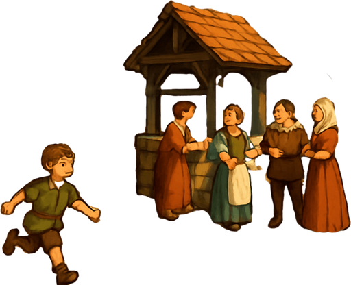 A quaint medieval town square with cobbled streets, wooden signs, children playing, townsfolk chatting near a well, cheerful and warm vibe, realistic
In-Game asset.  2d.  High contrast.  No shadows
