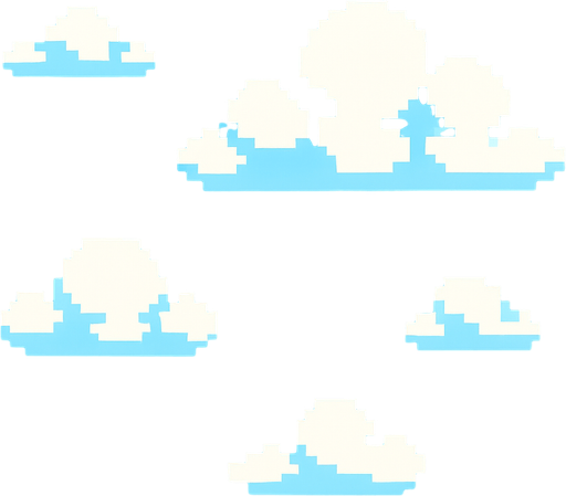 El cielo debe ser un fondo claro y agradable, de color azul celeste con un suave degradado hacia un azul más claro en la parte inferior, acompañado de algunas nubes blancas esponjosas flotando lentamente para dar una sensación de movimiento y vida; todo en pixel art, sin muchos detalles, con un ambiente brillante, alegre y apto para un juego casual visualmente amigable..
In-Game asset.  2d.  High contrast.  No shadows