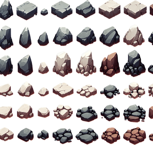 Create a sprite sheet with images of various rocks.  The design should be exclusively top views. Arrange the components on a dark background, neatly aligning each part in rows and columns for easy identification and use in game development..
Single Game Texture. In-Game asset. 2d. Blank background. High contrast. No shadows.