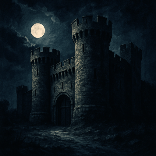 gece yarısı eski ve gerçekçi bir kale resmi.
In-Game asset.  2d.  High contrast