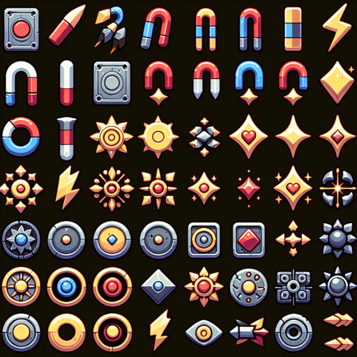 A sprite sheet of magnets.
Single Game Texture. In-Game asset. 2d. Blank background. High contrast. No shadows.