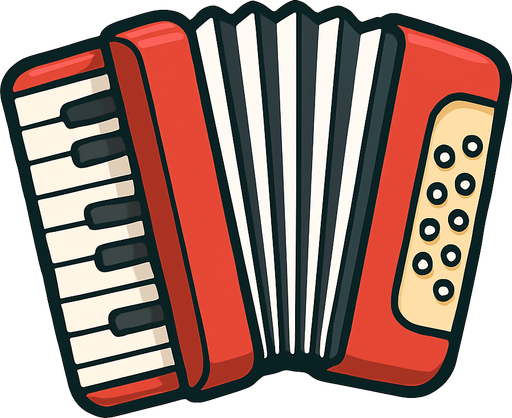 A clean, colorful 2D illustration of a traditional accordion, designed in cartoon or flat vector style. The accordion should have red-and-white or black-and-white bellows, visible keys and buttons, and rounded edges. Add a soft shadow and outline to make it pop against any background. Export as a transparent PNG (no background), suitable for use as a game asset in a mobile quiz game. Size should be square-friendly and visually clear even at small sizes..
In-Game asset.  2d.  High contrast.  No shadows