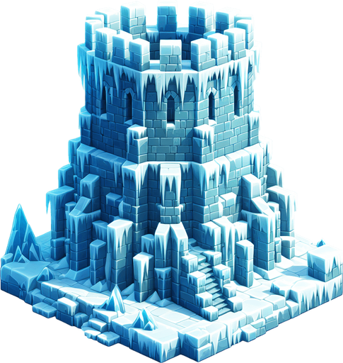 A turret tower built of ice blocks. Front view perspective. Single Game Texture. In-Game asset. 2d. Blank background. High contrast. No shadows.