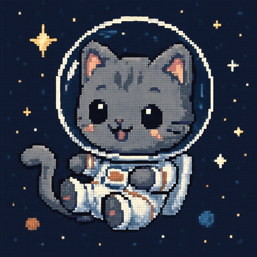 A cute gray chibi-style anime kitten, dressed in an astronaut suit and drifting through the universe, rendered in Pixel Art.