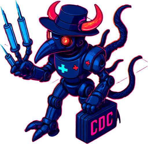 Neon cyberpunk anime top down isometric animatronic plague doctor cyborg demon medic CDC corporate robot monster disease pestilence medicine syringes Walking