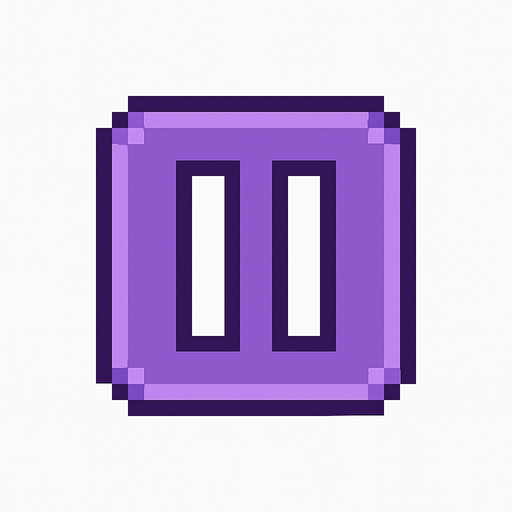 Pixel art pause button, purple color, rounded corners, 8-bit UI style, minimal design, no background, 80x80 size, suitable for mobile rhythm game interface.
In-Game asset.  2d.  High contrast.  No shadows