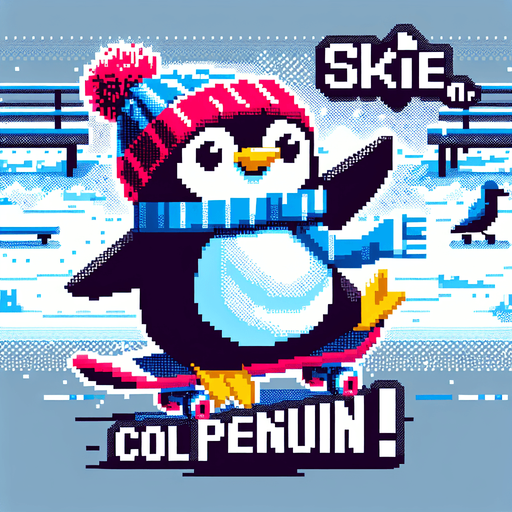 8-bit Pinguin_skater_features. Make a text written above (your way).
A