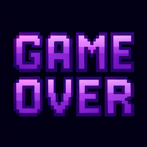 Pixel art “Game Over” text, bold retro arcade style, purple tones, glitch-free, clean and dramatic for rhythm game UI..
In-Game asset.  2d.  High contrast.  No shadows
