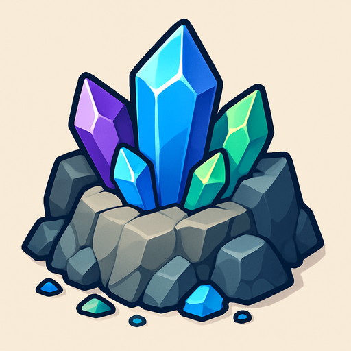 Crea un nodo de recurso de Mina de Cristales en un estilo 2D renderizado, limpio y cartoonish, con contornos claros y definidos, colores vibrantes con transiciones suaves, y sombreado que dé volumen. Debe ser fácilmente reconocible como una fuente de cristales (gemas).

Estructura Principal: Un afloramiento rocoso con cristales brillantes incrustados. Los cristales pueden ser de varios colores (azul, morado, verde) y de diferentes tamaños, con un brillo sutil.

Rocas: Las rocas circundantes pueden tener una textura diferente a la mina de oro, quizás más angulares o con colores más fríos.

Formación: Los cristales deben estar agrupados en formaciones geológicas naturales, y puede haber pequeños fragmentos de cristal esparcidos alrededor.

Dimensiones Sugeridas: Similar a la mina de oro (64x64 o 96x96 píxeles)..
In-Game asset.  2d.  High contrast.  No shadows
