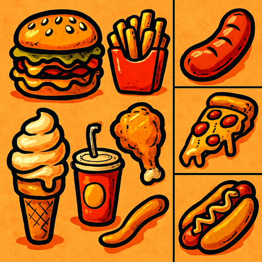 an image for each cell that is food theme based and fat and greasy and fast food.
In-Game asset.  2d.  High contrast.  No shadows