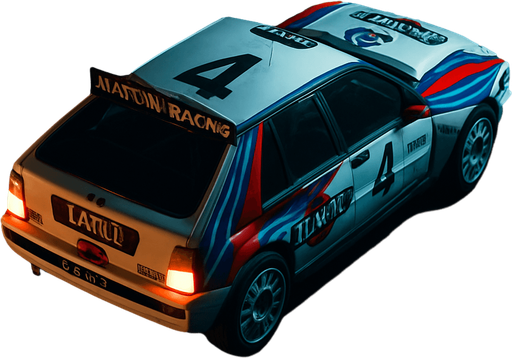 Photorealistic Lancia Delta Rallycar in nightlight, drone topview from back and 45 degrees angle in top right corner