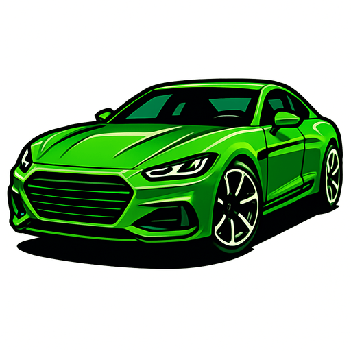Car image but its head should be on right side not left. Make a fancy car colored green..
In-Game asset.  2d.  High contrast.  No shadows