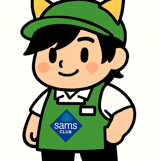 Es una trabajador de sams club, adorable, cabello un poco de emo, un poco cacheton y orejas de gatito en forma de diadema por encima de su gorra
 con gorra verde y mandil verde, playera polo blanca y pantalon negro.
In-Game asset.  High contrast.  No shadows