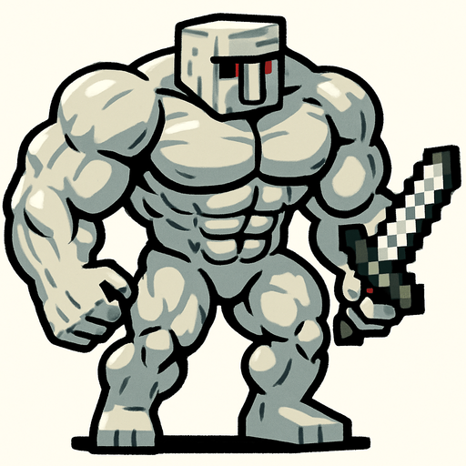 A super buff iron golem with super big muscles and that has a Minecraft iron sword in his hand..
In-Game asset.  2d.  High contrast.  No shadows