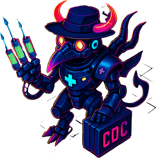 Neon cyberpunk anime top down isometric animatronic plague doctor cyborg demon medic CDC corporate robot monster disease pestilence medicine syringes